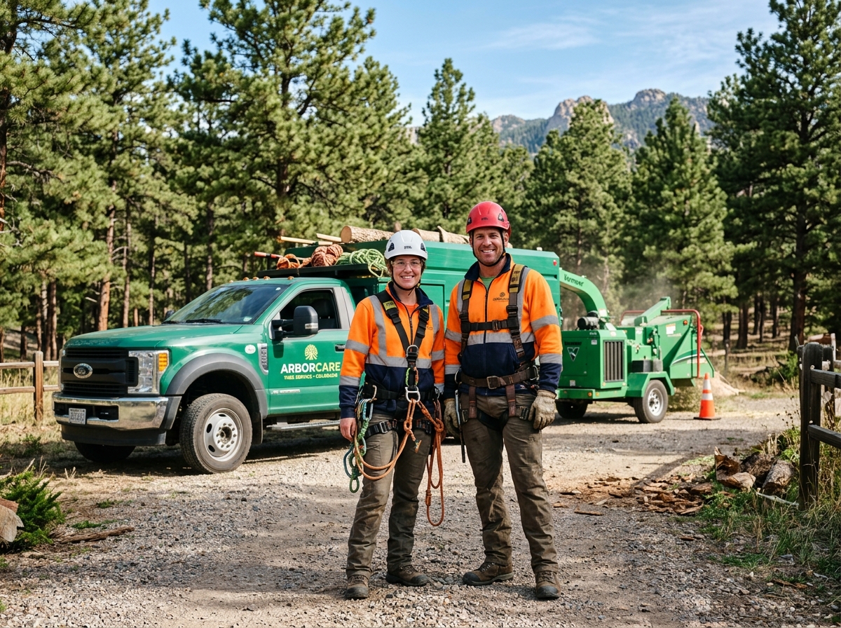Timberline arborists by their truck and chipper
